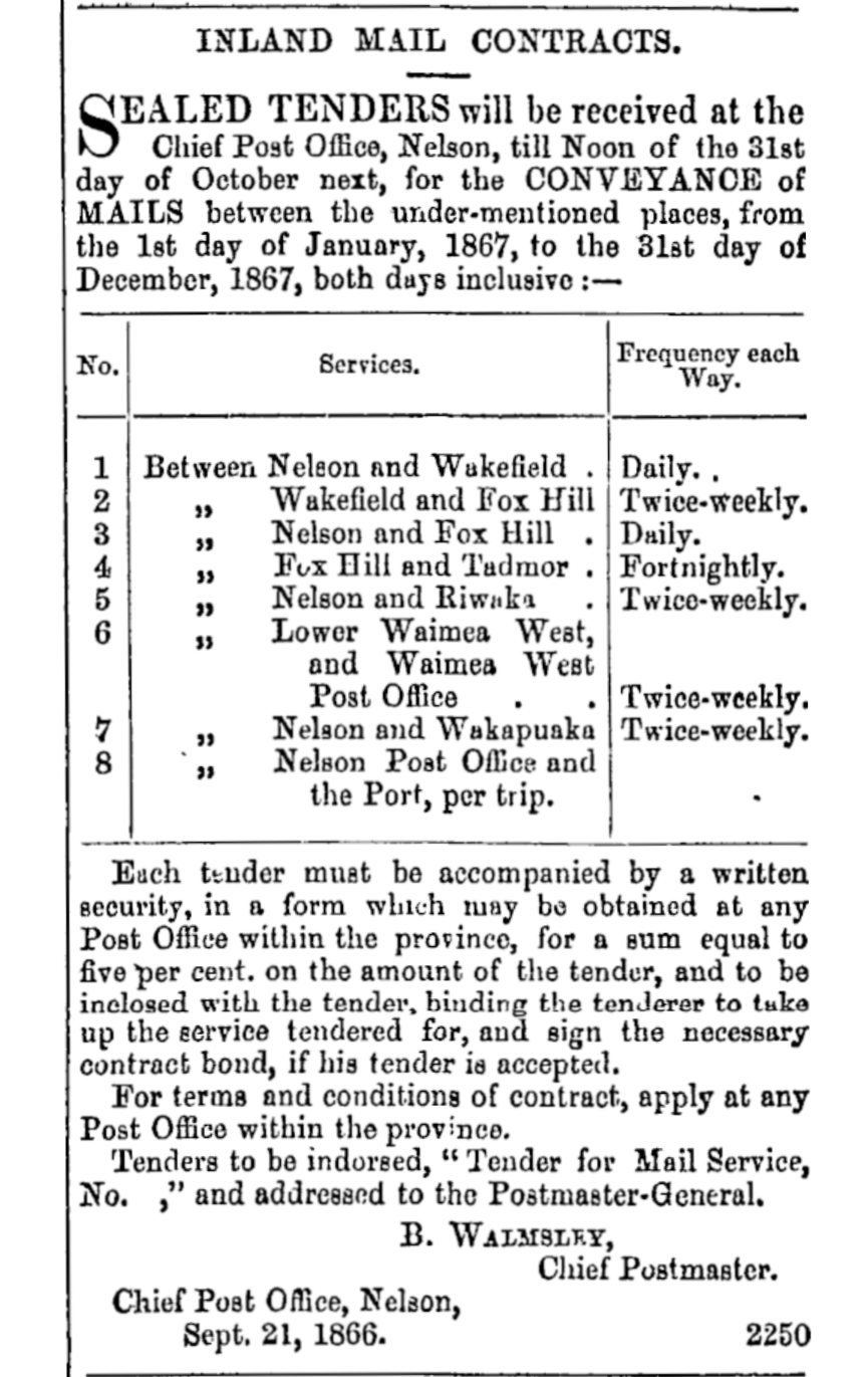 Scanned print of a call for tenders for 1867 inland mail contracts, 1866.