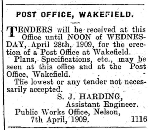 Scanned print of a call for tenders to erect the Post Office in Wakefield, 1909.