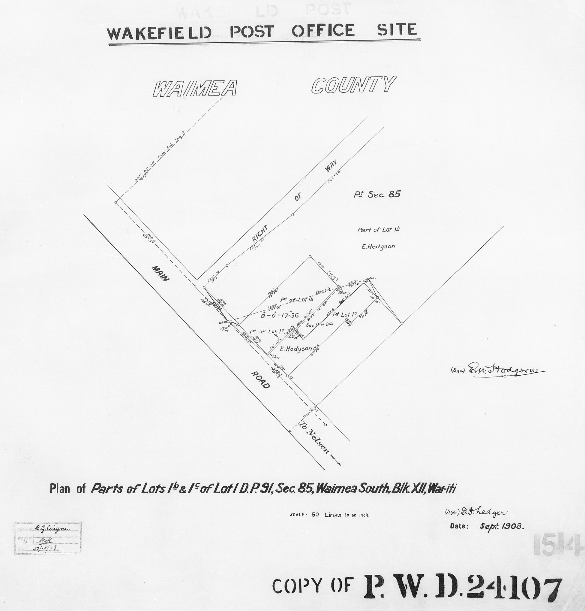 Wakefield Post Office, site, land plan, parts of lots 1b and 1c lot 1 DP 91 section 85 Waimea South blk XII Wai-iti, 1908.